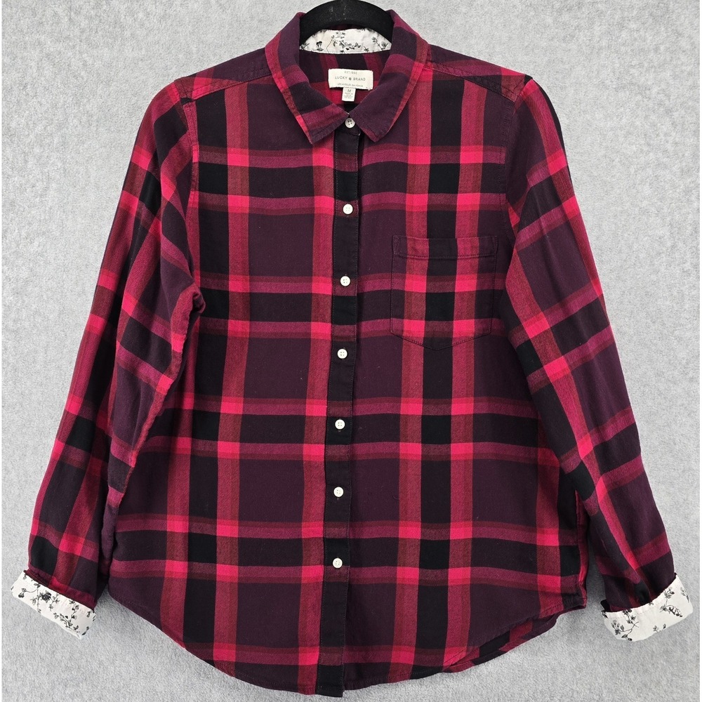 Lucky Brand Button Up Shirt Women M Plaid Black‎ Pink Lumberjack Cabin Flip Cuff